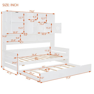 English Elm Twin Size Daybed With Trundle & Integrated Storage Shelf - Modern White Design For Kids & Teens N820S00026K-GIGA