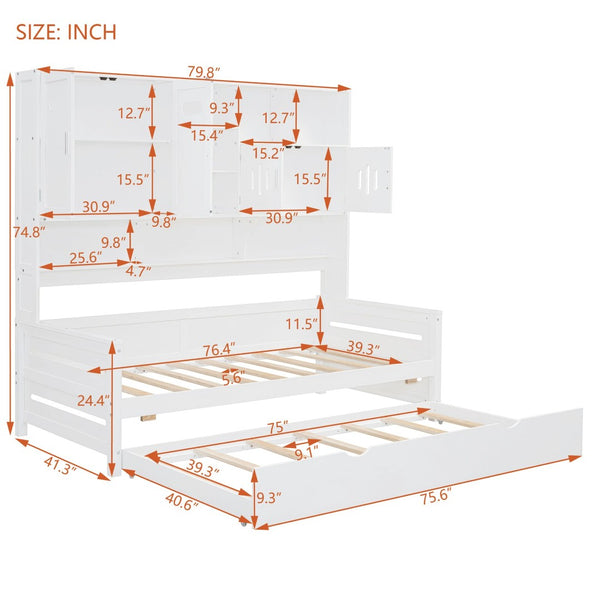 English Elm Twin Size Daybed With Trundle & Integrated Storage Shelf - Modern White Design For Kids & Teens N820S00026K-GIGA