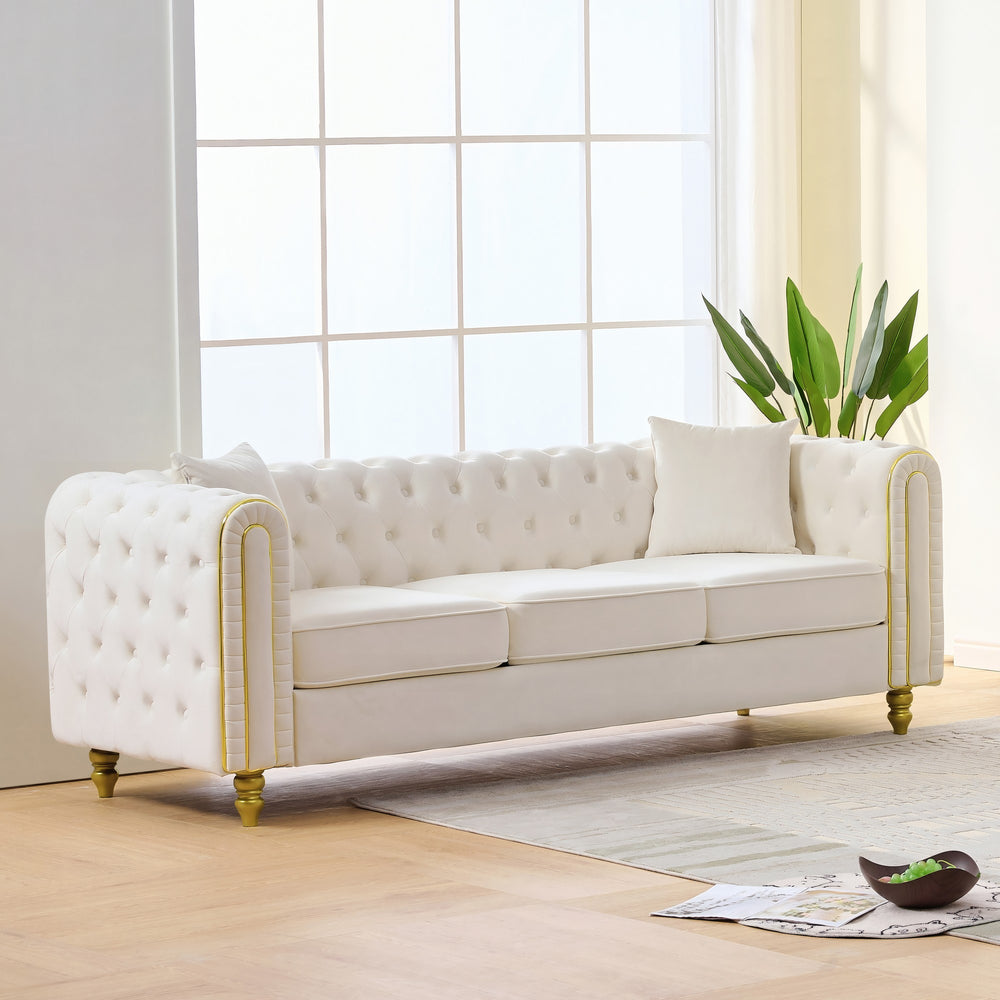English Elm 86" Chesterfield Velvet Three Seat Sofa Button Tufted Rolled Arms Gold Legs Living Room Beige W3373S00079
