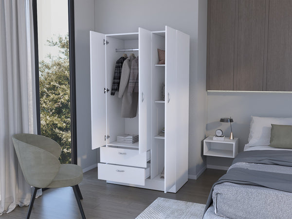 English Elm Bethel Slim Profile Wardrobe Armoire with Hanging Rods Open Shelves and Drawer B128S00230