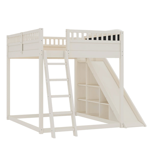English Elm Queen Loft Bed with Upholstered Headboard Built-in Slide and Open Storage Shelves Beige W1580S00640
