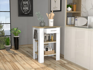 English Elm Brooklyn Two-tone Kitchen Island with Oak Top Open Shelves Drawer and Towel Rack B128P148882