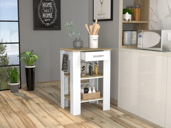 English Elm Brooklyn Two-tone Kitchen Island with Oak Top Open Shelves Drawer and Towel Rack B128P148882