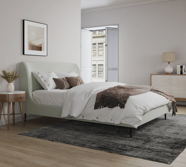 English Elm Queen Velvet Upholstered Bed Arched Headboard Mid Century Modern Bedroom Frame Black+Cream B365S00150