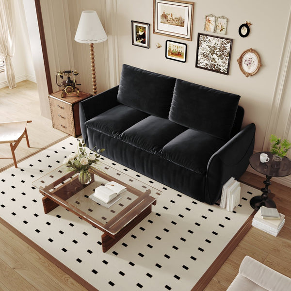 English Elm 70.9" Multi-Functional Convertible Sleeper Sofa Bed with 2-in-1 Pillow & Blanket Set, Velvet loveseat Black W1885P263564