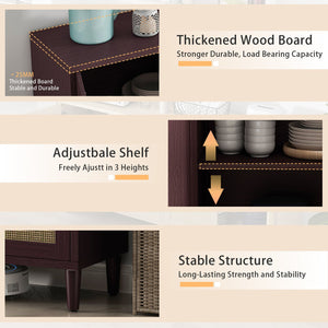 English Elm 70" Rattan Buffet Cabinet with Stylish Woven Doors, 4-Door Sideboard with Adjustable Shelves, Sturdy MDF Frame and Solid Wood Legs Brown W757P279743