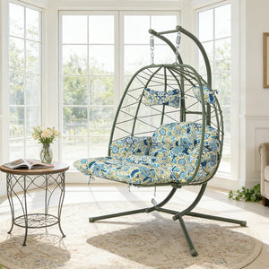 English Elm 2 Person Wicker Hanging Egg Chair with Stand Cushions Footrest Patio Swing Seat T5880P500221