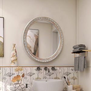 English Elm Round Rattan Textured Wall Mirror Natural Woven Frame Bohemian Accent for Any Room W2295P414104