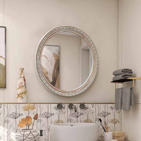 English Elm Round Rattan Textured Wall Mirror Natural Woven Frame Bohemian Accent for Any Room W2295P414104