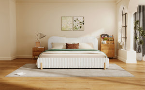 English Elm Christopher Knight Home® - Sleek White Boucle Upholstered Bed With Wavy Headboard & Vertical Stitching - King Size Comfort N769P261294W