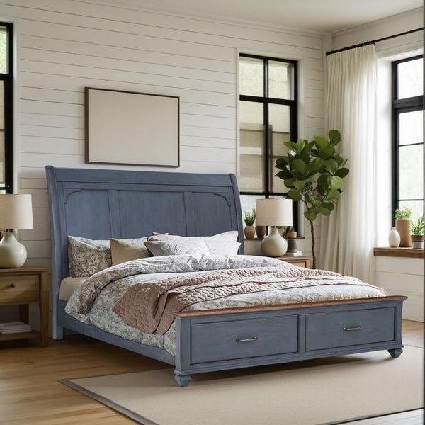 English Elm Queen Sleigh Bed with Corduroy Blue Finish, USB Headboard, Storage Footboard, Rustic Coastal Charm B108S00030