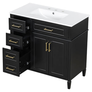 English Elm 36 Inch Freestanding Bathroom Vanity Sage Pine Cabinet Gold Hardware Ceramic Sink Black N725P366466B