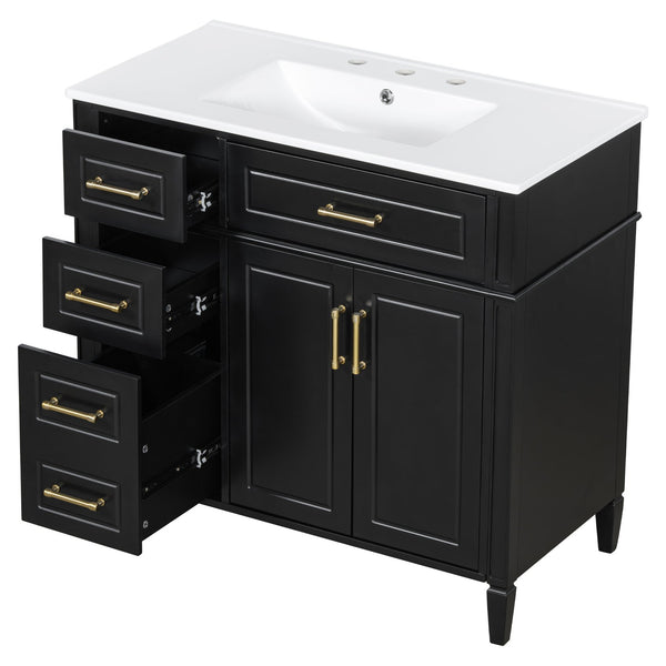 English Elm 36 Inch Freestanding Bathroom Vanity Sage Pine Cabinet Gold Hardware Ceramic Sink Black N725P366466B