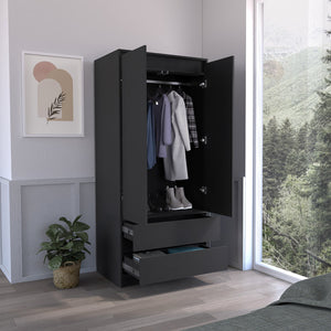 English Elm Armoire, Spacious Engineered Wood Wardrobe with Two Drawers, Hanging Rod and Hidden Storage Appeal Black 52 L x 19 W x 4 H B097S00100