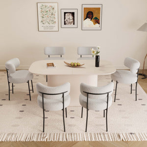 English Elm 63" Cream Mdf Dining Table Set With 6 Circular Cushioned Chairs - Mid-Century Modern Elegance & Comfort W2189S00708