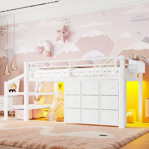 English Elm Twin Metal Low Loft Bed with Storage Stairs Fabric Drawers and Built-in Lights Light White W5305S00044