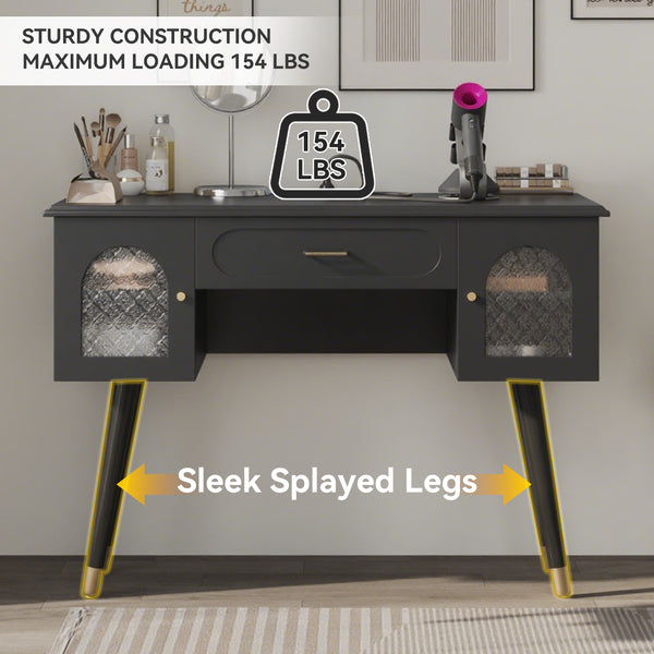 English Elm Elegant Vanity Makeup Table with Charging Station & Carved Glass Door, Sturdy Stool Included Black N844P285188B