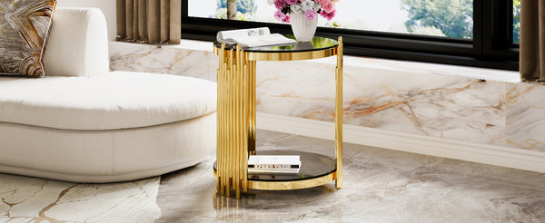 English Elm Modern Round Mirrored Glass End Table with Gold Metal Frame and Lower Display Shelf Black N735P380092B