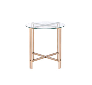 English Elm Veises Champagne Finish End Table with Clear Glass Top, Round Metal Drum Base, Modern Elegant Accent B2726P244382