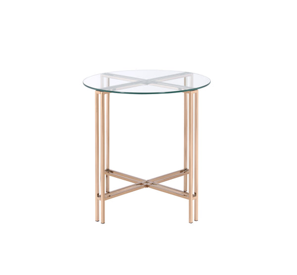 English Elm Veises Champagne Finish End Table with Clear Glass Top, Round Metal Drum Base, Modern Elegant Accent B2726P244382