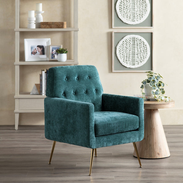 Crestview Collection Modern Accent Chair - Stylish Upholstered Furniture With Button Tufting And Gold Legs For Any Room Blue Polyester Evfzr4352pblu