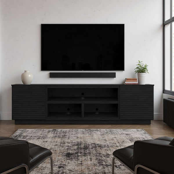 English Elm 89 Inch TV Stand Fully Assembled, Black Poplar & Okume Veneer Console for TVs up to 100" with Cable Management and Storage B108P255354