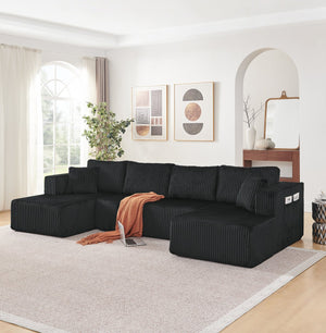 English Elm 132" U-shaped Modular Corduroy Sectional with Deep Foam Cushions for Living Room Black W5802S00001