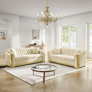 English Elm 84" Velvet Tufted Chesterfield Sofa Mid Century Three Seat Gold Trim Living Room Beige W1191S00113