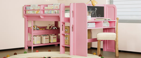 English Elm Twin Low Loft Bed Solid Pine Frame Kids Study Desk Blackboard Storage White W1580S00298