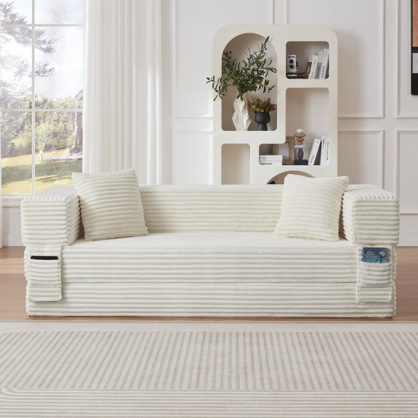 English Elm Modern Cord Fabric Convertible Sofa Sleeper Low Profile Square Frame for Apartments White W3396P439850