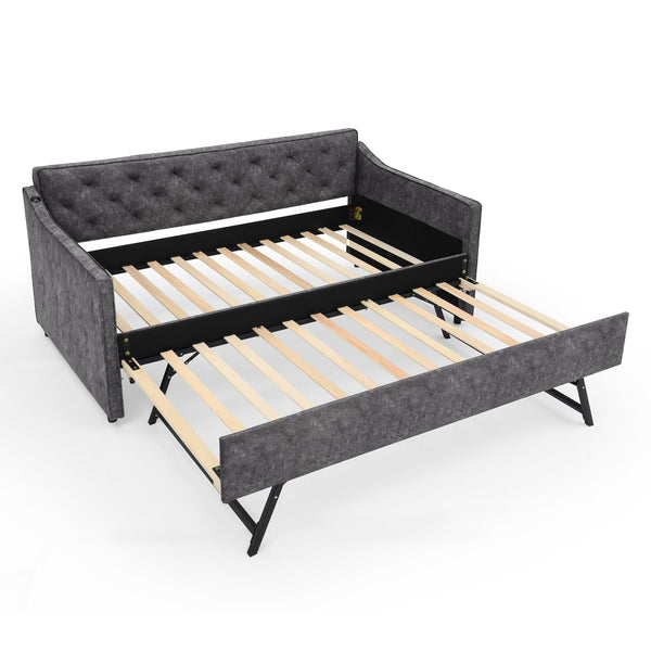 English Elm Twin Linen Tufted Daybed with Pop up Trundle and Usb Port for Guest Rooms Grey W1413S00128