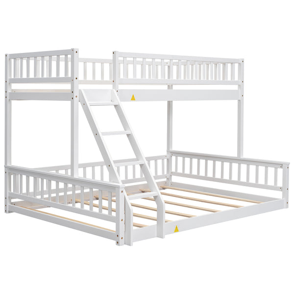 English Elm Twin Twin XL over Queen bunk bed with ladder and guardrails, sturdy pine MDF frame for small rooms White GX000464AAK