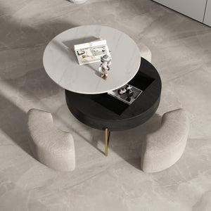 English Elm Vita Modern 31.5" Round Lift-Top Coffee Table Set with Iron Legs and Storage Shelves, Stylish Black,Light beige B341S00043