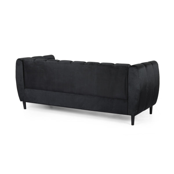 English Elm Miranda Channel Stitch Velvet Sofa Glam Living Room Seating with Tapered Birch Legs Black 68604.00ABLK_68604.00BBLK