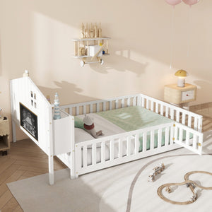 English Elm Full-size Montessori Floor Bed with Built-In Bookcase and Chalkboard, Space-Saving Solid Wood Platform for Kids White 56.3 L x 17.32 W x 5.31 H W1716S00012