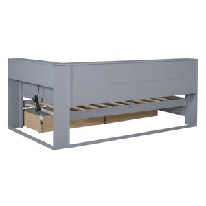 English Elm Wooden Twin Daybed with 2 Drawers, Built-In USB Charging & Double Shelf Storage, Pine Frame Durable Grey 42.91 L x 16.73 W x 6.69 H N733S170510E