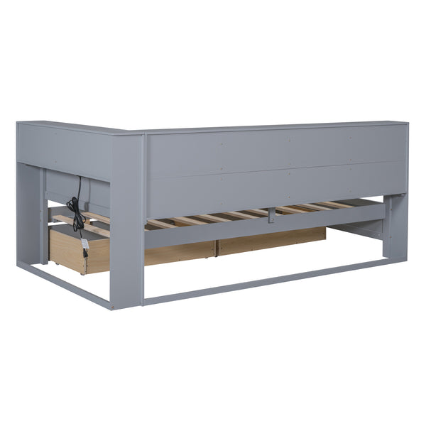 English Elm Wooden Twin Daybed with Storage Drawers Usb Charging Shelf and Pine Frame Grey N733S347768E