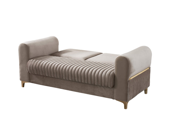 English Elm Melody Velvet Upholstered Sleeper Loveseat with Gold Accents, Vertical Tufting & Convertible Comfort taupe B009S01833