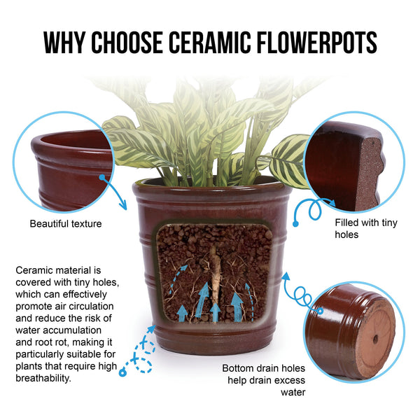 English Elm 3 Pieces Ceramic Flowerpot Set - Handcrafted Modern Planters In Bean Paste Red For Home & Garden W3273P321532