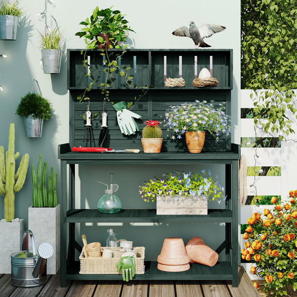English Elm TOPMAX 65" Wooden Potting Bench with Splash Plate & Hook, 4 Storage Shelves, Fir Wood Patio Workstation N717P221495F