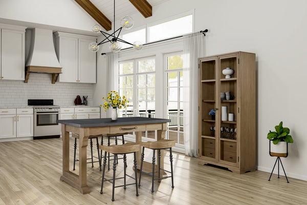 English Elm Tall Display Cabinet with Glass Doors and Drawers, Cashew Hickory Veneer for Elegant Storage & Décor Light Tan 43.5 L x 20 W x 85 H B2699P383821