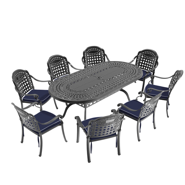 English Elm 9-Piece Cast Aluminum Patio Set With Blue Cushions - Durable Outdoor Dining For 8, Umbrella Ready! W1710S00198