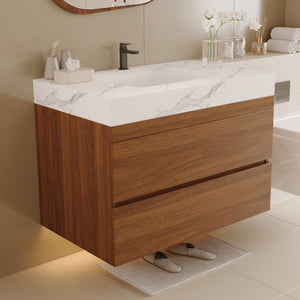 English Elm 29.9" Floating Bathroom Vanity Sintered Stone Top Soft Close Drawers Bronze Gold Hardware W3136S00041