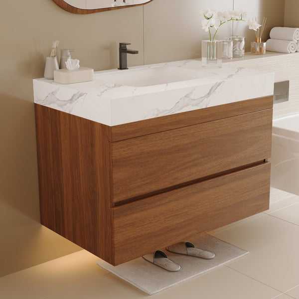 English Elm 29.9" Floating Bathroom Vanity Sintered Stone Top Soft Close Drawers Bronze Gold Hardware W3136S00041