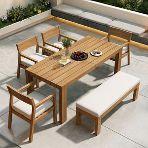 English Elm Trexm Outdoor Acacia Wood Dining Set Seats Six with Umbrella Hole and Cushioned Bench Beige,Light Teak TM000028AAD