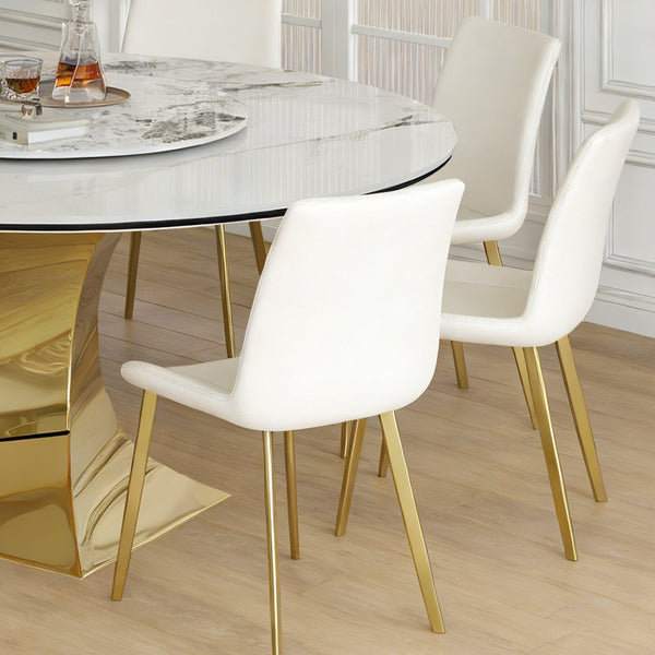 English Elm 59" Round Sintered Stone Table Set Seats Eight with Gold Hourglass Base Lazy Susan W2700S00130