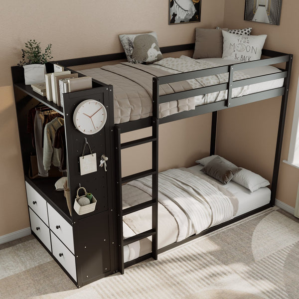 English Elm Twin Bunk Bed with Storage Drawers Hanging Rail Led Shelves and Pegboard Organizer Black LT000282AAB