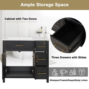 English Elm 36" Matte Freestanding Bathroom Vanity Solid Wood Cabinet Ceramic Sink Three Drawers Black N725P364205B