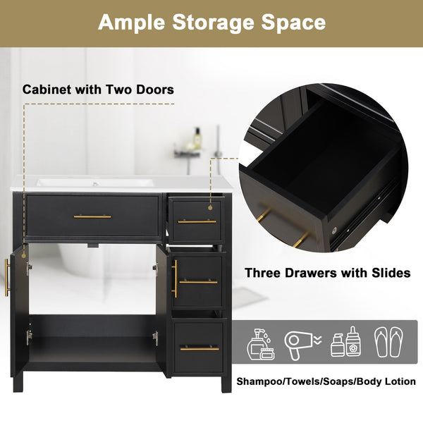 English Elm 36" Matte Freestanding Bathroom Vanity Solid Wood Cabinet Ceramic Sink Three Drawers Black N725P364205B