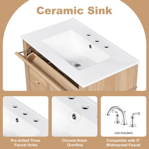 English Elm "30'' 30 Inch Freestanding Bathroom Vanity Solid Pine Cabinet Ceramic Sink Soft Close Storage N725P375498T